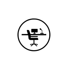 Circle Illustration of Office Workspace with Desk, Chair, and Mic, Minimalism.
