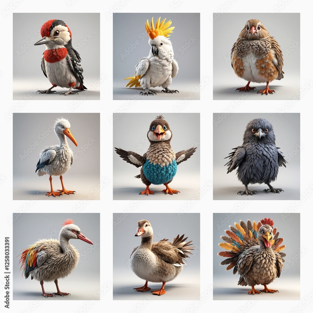 Poster cute 3d bird models are showcased in a grid. various avian species are rendered in a cartoonish, cha