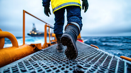 Walking on metal walkway, worker in safety gear approaches offshore platform