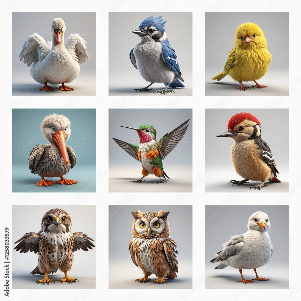 Poster Cute 3D bird models are displayed in a grid.  Various avian species are showcased with detailed feathers and charming poses in a digital art style.