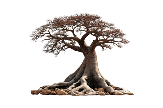 A striking baobab tree with wide roots extending downward isolated on white or transparent, PNG