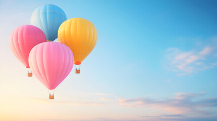 Obraz premium Four colorful hot air balloons floating in the sky with a soft sunrise glow. This dreamy scene is perfect for travel blogs, adventure promotions, or inspirational posters. Selective focus