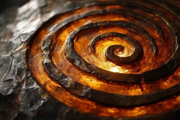 Spiral design crafted from metal with a rich golden sheen showing intricate artistic detail