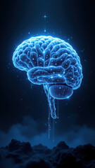 A futuristic digital illustration of an artificial intelligence's neural network with floating particles and a blue glowing core on a dark background.