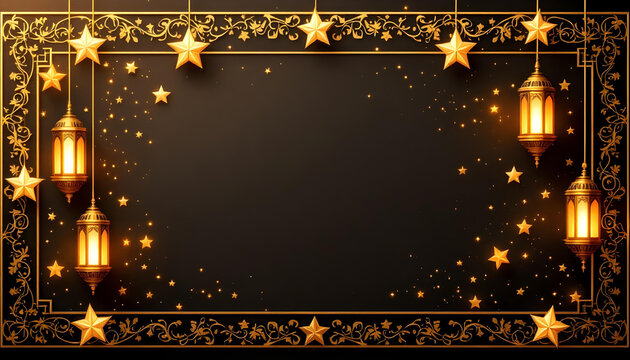 A beautifully designed Ramadan Kareem invitation card with a dark green background, glowing golden lanterns, and symmetrical floral motifs. The central blank space allows for inserting quotes, prayers