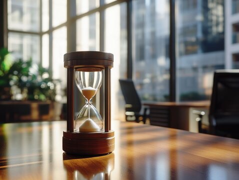 A vintage sand timer, resting on an office desk.