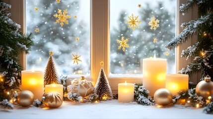 Cozy Winter Window Christmas Scene with Candles and Gold Ornaments