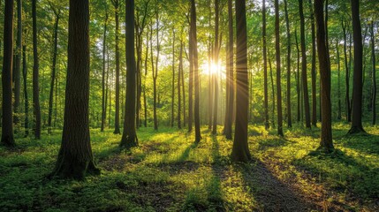 Obraz premium A tranquil forest bathed in soft sunlight streaming through the canopy, highlighting lush greenery and scattered shadows on the forest floor.