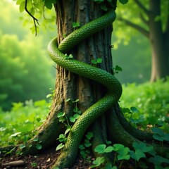 Fototapeta premium Twisted liana vines wrapped around tree trunks, nature, liana plants