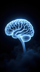 A human brain with a glowing blue light emanating from its center against a dark background.