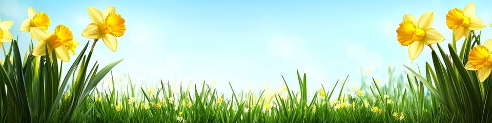 Fototapeta premium Spring Meadow with Yellow Daffodils in Bloom, Vibrant Nature, Bright Sunlight, Natural Beauty