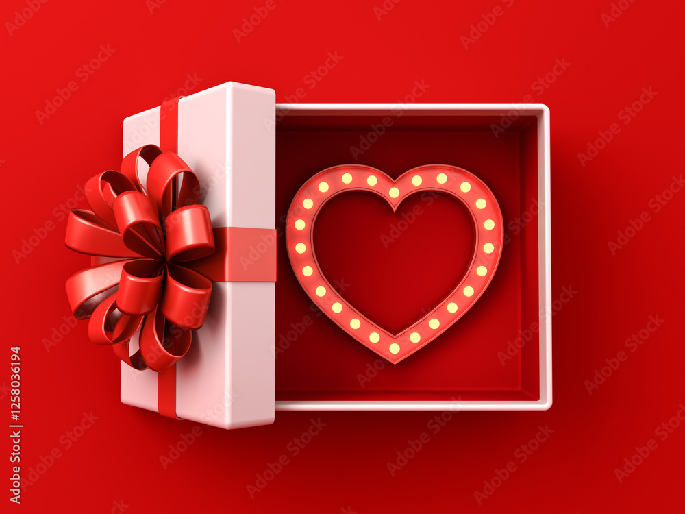 Poster Blank gift box open with retro light bulbs heart shape frame or top view of white present box with love heart frame and red ribbon bow isolated on dark red background minimal conceptuals 3D rendering