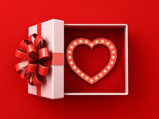 Blank gift box open with retro light bulbs heart shape frame or top view of white present box with love heart frame and red ribbon bow isolated on dark red background minimal conceptuals 3D rendering