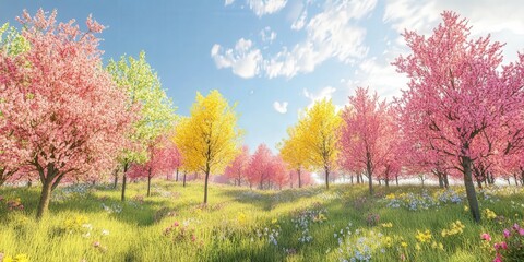 trees in full bloom, their colorful flowers contrasting against the clear, sunny sky, capturing the essence of natures beauty in full swing