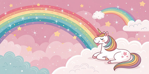 Pastel rainbow unicorn background shines with sparkling stars