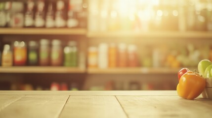 Bright grocery store shelf with sunlit wooden table and fresh vegetables