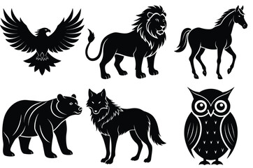 Bear lion dear eagle horse owl silhouette vector icon in white  background 