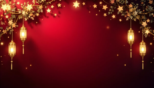 A beautifully designed Ramadan Kareem invitation card with a dark green background, glowing golden lanterns, and symmetrical floral motifs. The central blank space allows for inserting quotes, prayers