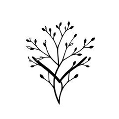 Black-and-white minimalist artwork of a stylized tree with branches and leaves.
