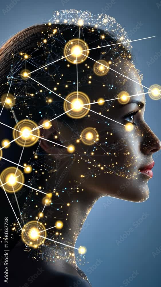 Poster a captivating representation of human identity intertwined with advanced technology showcasing intri