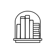 Bookshelf in the Glass Cloche: minimalist illustration of books under a bell jar.