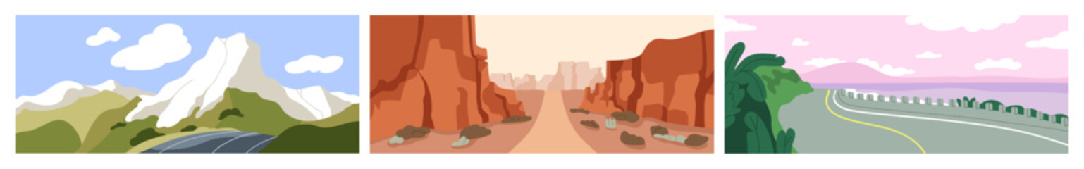 Nature landscape with empty road, set. Travel route, highway through mountains, rocks, canyon cliffs, sea coast with sky sceneries, perspectives. Adventure, roadway panorama. Flat vector illustrations