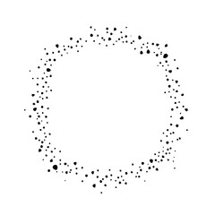 A minimalist frame of scattered abstract flecks and dots surrounding an open center on a stark white backdrop.