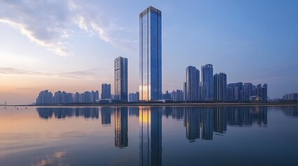 Fototapeta premium Modern Cityscape at Dawn: Skyscrapers Reflected in Calm Waters