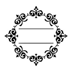 An ornate black and white decorative oval frame with scrolling flourishes and two horizontal lines, perfect for text or design.