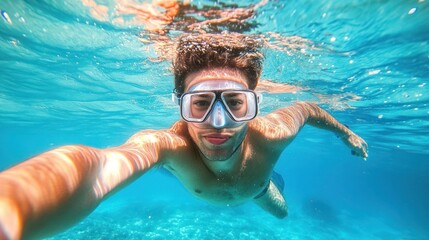 Fototapeta premium Underwater selfie of a man snorkeling in clear turquoise water.