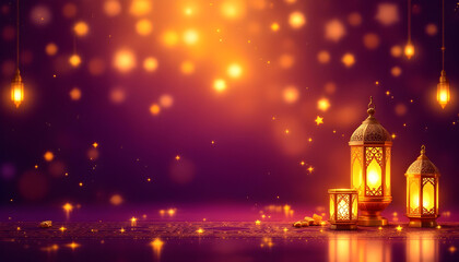 A beautifully designed Ramadan Kareem invitation card with a dark green background, glowing golden lanterns, and symmetrical floral motifs. The central blank space allows for inserting quotes, prayers