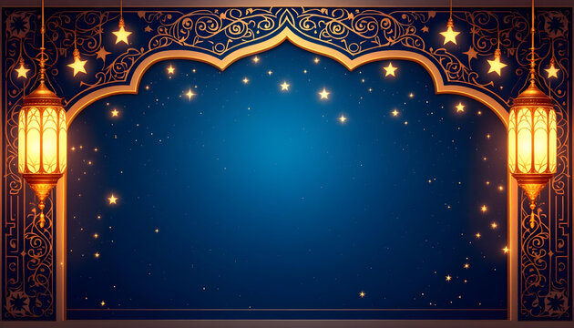 A beautifully designed Ramadan Kareem invitation card with a dark green background, glowing golden lanterns, and symmetrical floral motifs. The central blank space allows for inserting quotes, prayers