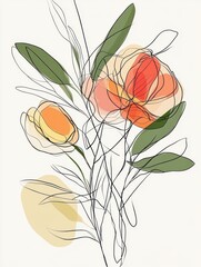 Botanical arts. Hand drawn continuous line drawing of abstract flower, floral, rose, tropical leaves, spring and autumn leaf, bouquet of olives. Vector illustration.