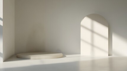 Minimalist Beige Room Studio Display Podium with Arch Shadow