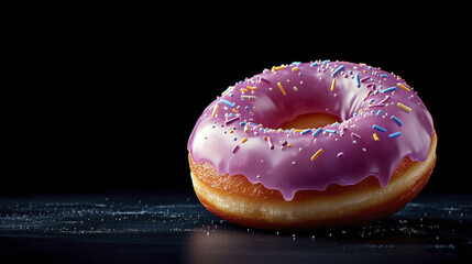 Delicious purple frosted donut with colorful sprinkles on dark background