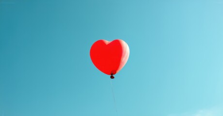 Fototapeta premium Red heart-shaped balloon drifts against a clear blue sky, its smooth surface reflecting sunlight. The vibrant contrast symbolizes love, freedom, and uplifting emotions