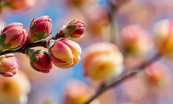 Spring blossoms budding on branch, orchard background, sunny day, nature card