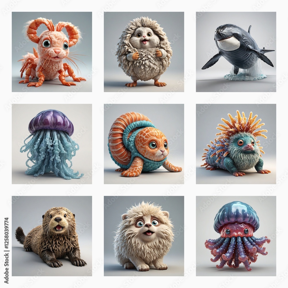 Aufkleber adorable 3d monsters, showcasing a collection of cute and whimsical creatures with unique designs an