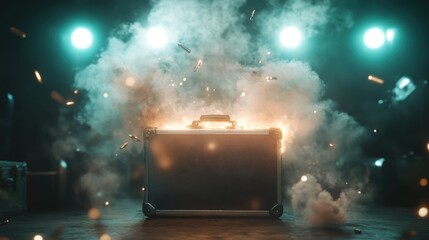 An intense and dramatic scene depicting an explosion emanating from a vintage suitcase, immersing viewers in a spectacle of chaos and intrigue in an artistic setting.