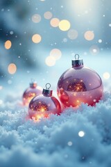 Delicate glass ornaments reflect the soft glow of twinkling lights on a snowy white background, winter flat lay, glass ornaments, frosty atmosphere