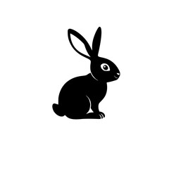Black silhouette of a sitting rabbit, depicted on a pure white backdrop.