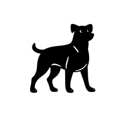 Black silhouette of a dog against a white backdrop, showing a dog in a pose.