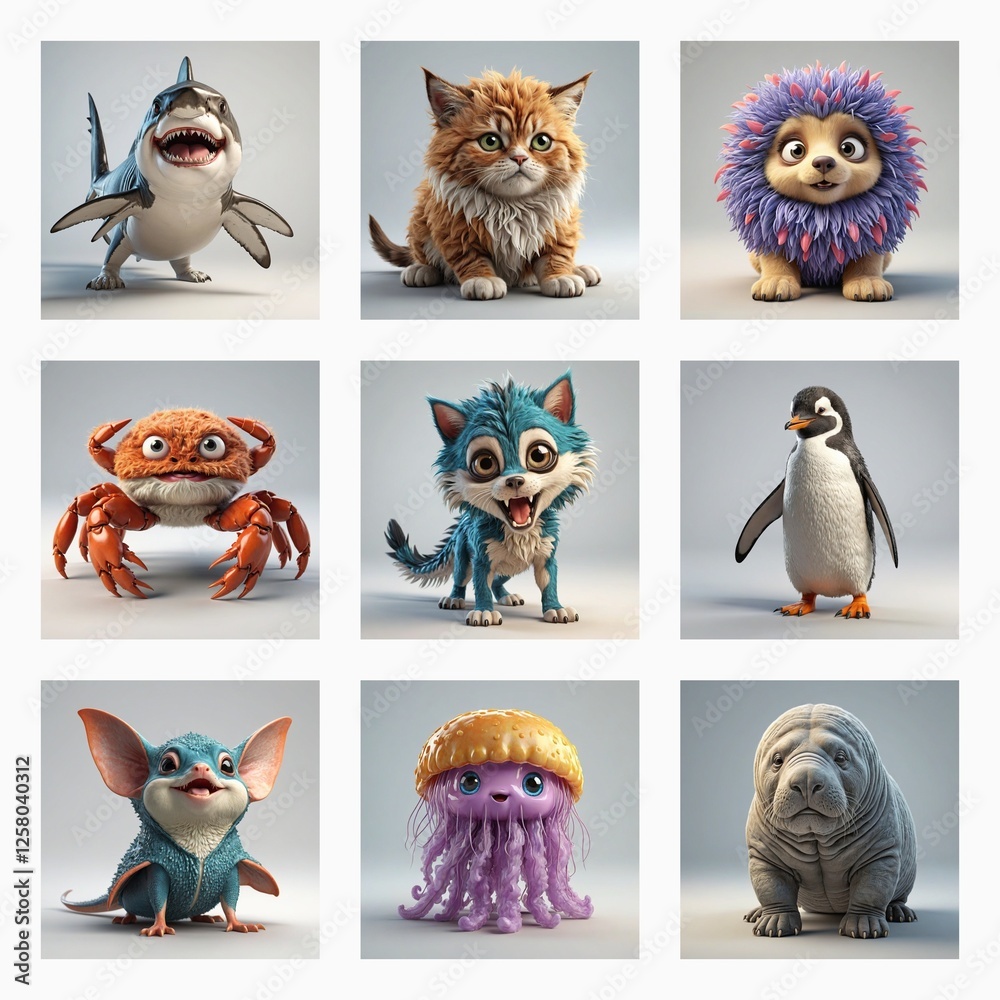 Poster a grid of nine adorable and cute 3d monsters. various cartoonish creatures are displayed in a collec