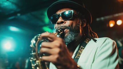 This captivating image showcases a talented saxophonist immersed in music under vibrant lighting, representing the essence of live jazz performances and artistic expression.