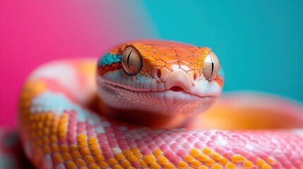 Fototapeta premium A vividly colored snake with striking patterns and features, showcasing the beauty and diversity of reptilian life against an artistic background.