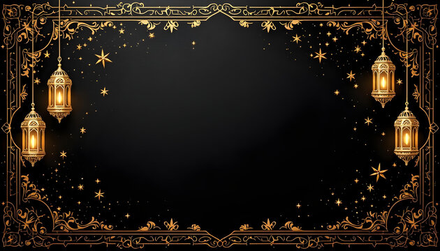 A beautifully designed Ramadan Kareem invitation card with a dark green background, glowing golden lanterns, and symmetrical floral motifs. The central blank space allows for inserting quotes, prayers
