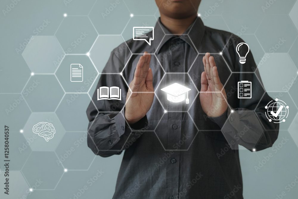 Canvas Prints a futuristic hexagonal digital interface with education icons, representing intelligent learning and