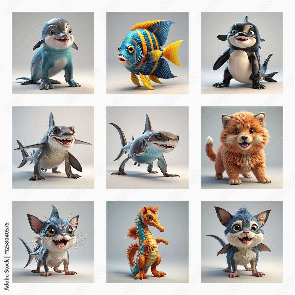 Aufkleber nine cute 3d monster creatures are displayed in a grid. these cartoonish figures are colorful and pl