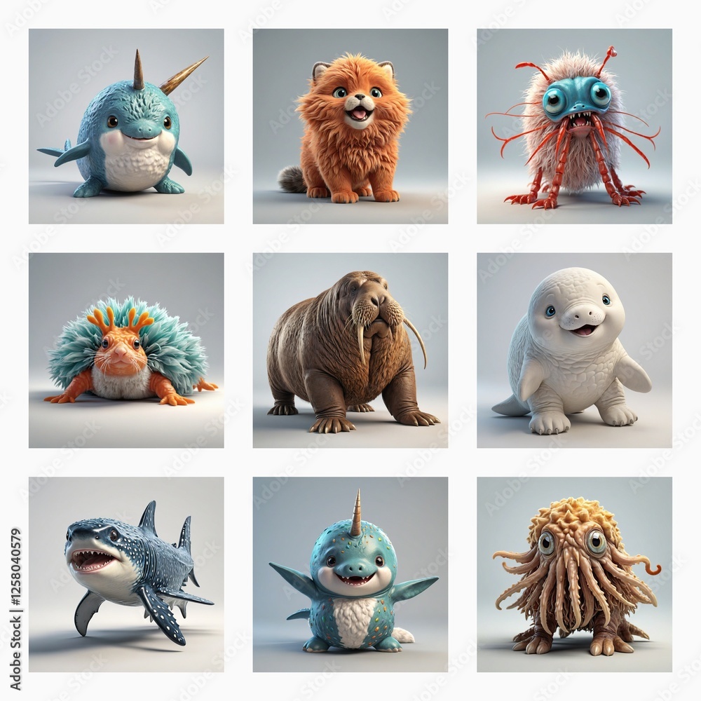 Poster Cute 3d monsters in a grid, each with unique features and textures, showcase a range of adorable and imaginative creatures.
