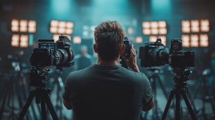 A photographer stands amidst multiple cameras, ready to capture moments, illustrating the artistic pursuit of photography and the dedication to visual storytelling.